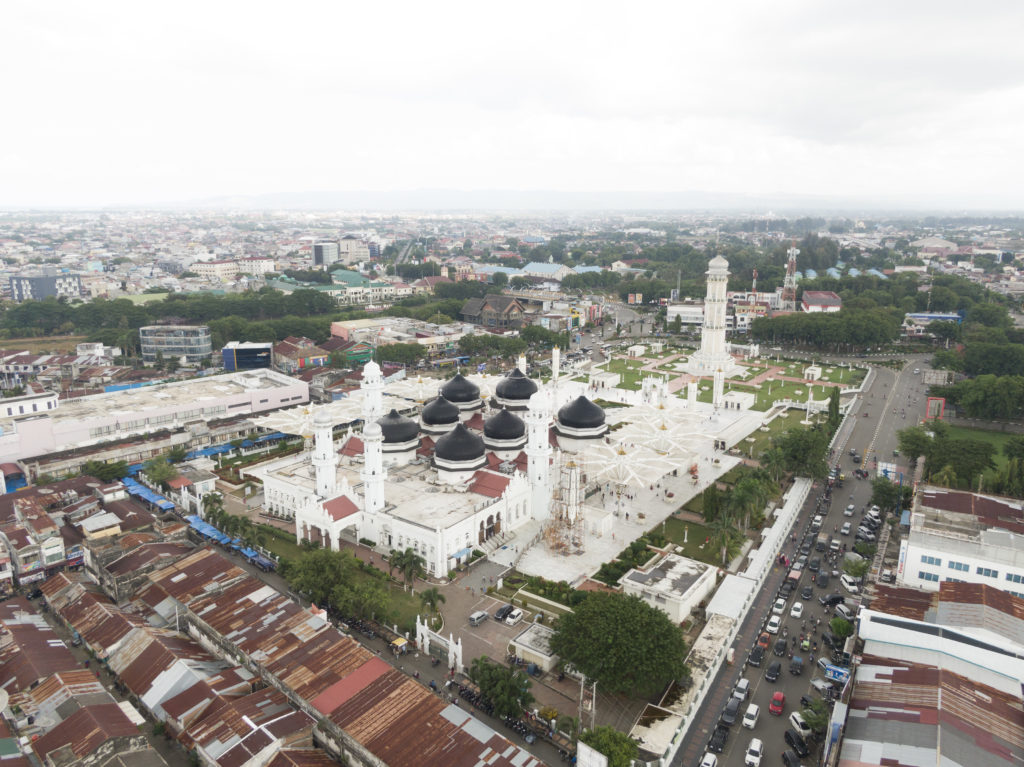 Aerial view of Baiturrahman Grand Mosque in Banda Aceh